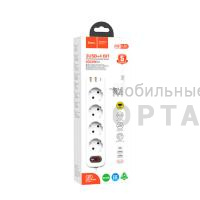 Сетевой фильтр HOCO NS1, 1.8м, 3,0А, 4 розетки, с выключателем, 2 USB выхода, Type-C,  белый